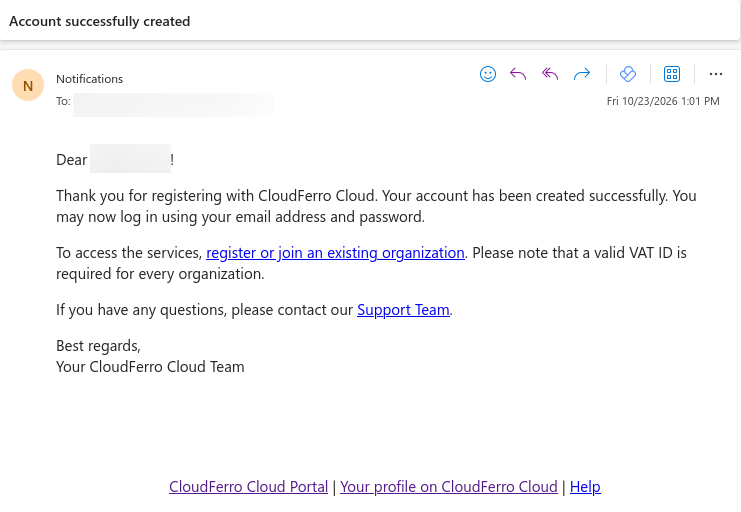 Account successfully created email with links to organization setup and support.