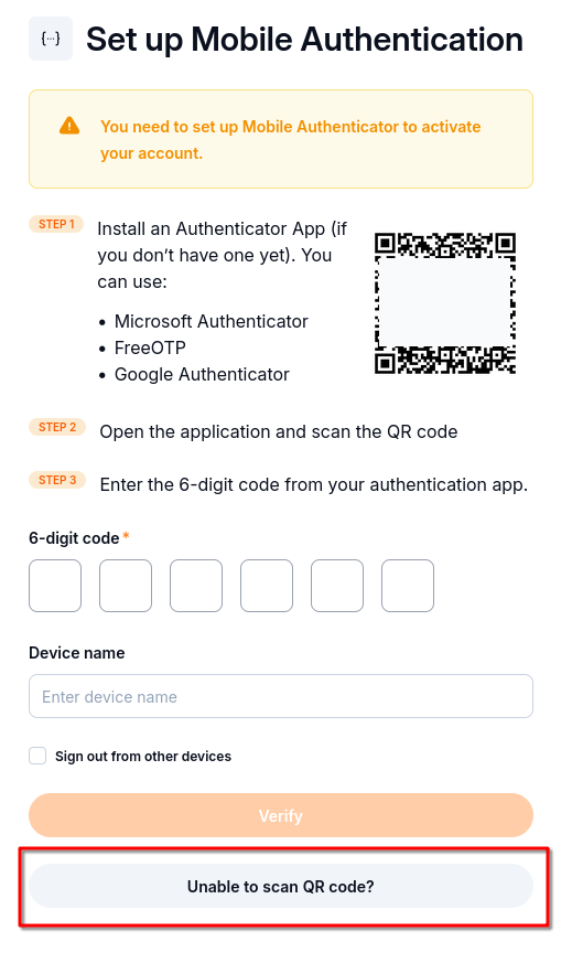 Authenticator setup with the QR code obscured and Unable to scan QR code highlighted.