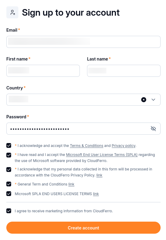 Completed registration form with personal details obscured, selected checkboxes, and the active Create account button.