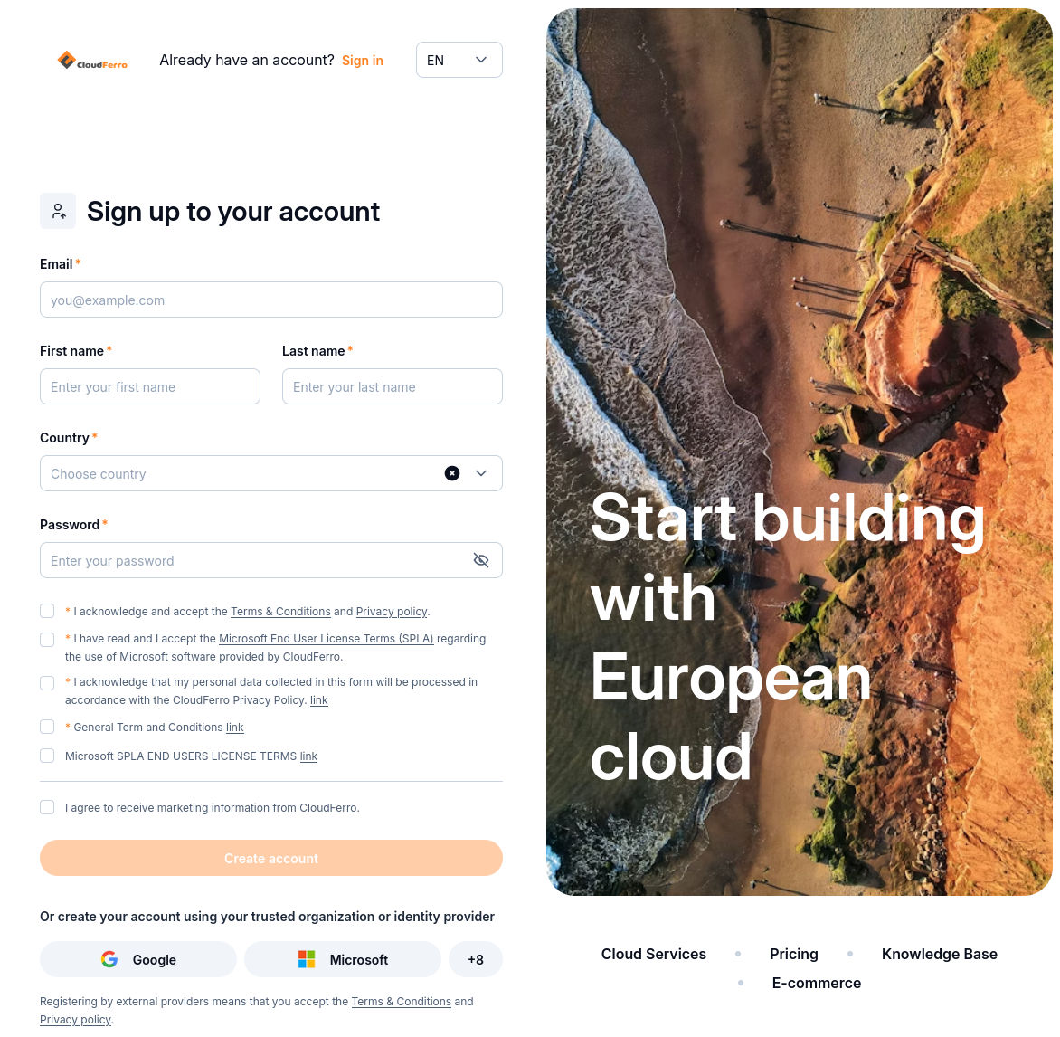 My Portal registration form with personal details, password, consent checkboxes, Create account, and identity-provider buttons.
