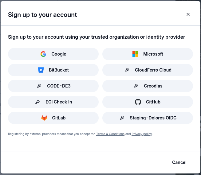 Registration dialog listing the available trusted organizations and identity providers.