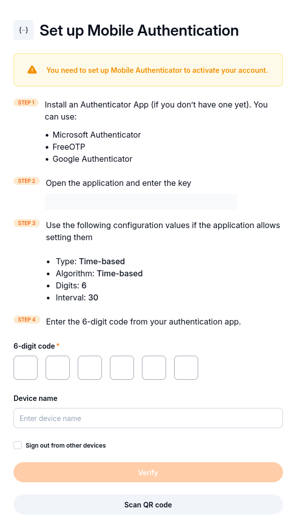 Manual authenticator setup showing an obscured secret key, time-based configuration, six digits, a 30-second interval, and Verify.