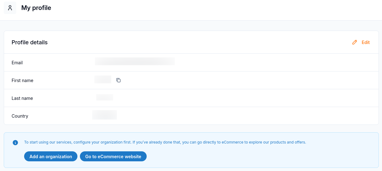 Newly registered user's profile with personal details obscured and a reminder to configure an organization.