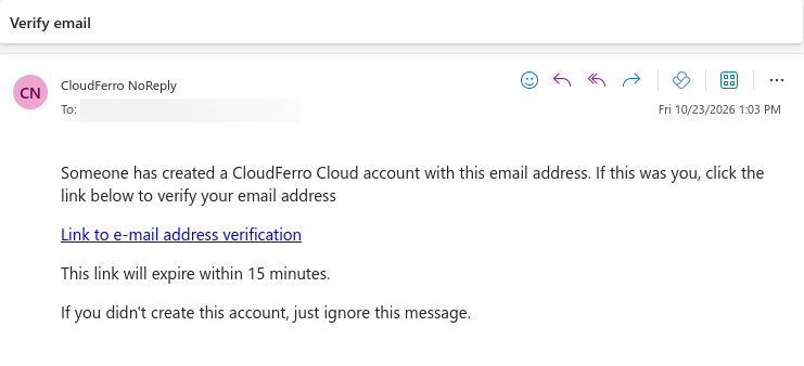 Verify email message with Link to e-mail address verification and a 15-minute expiration notice.