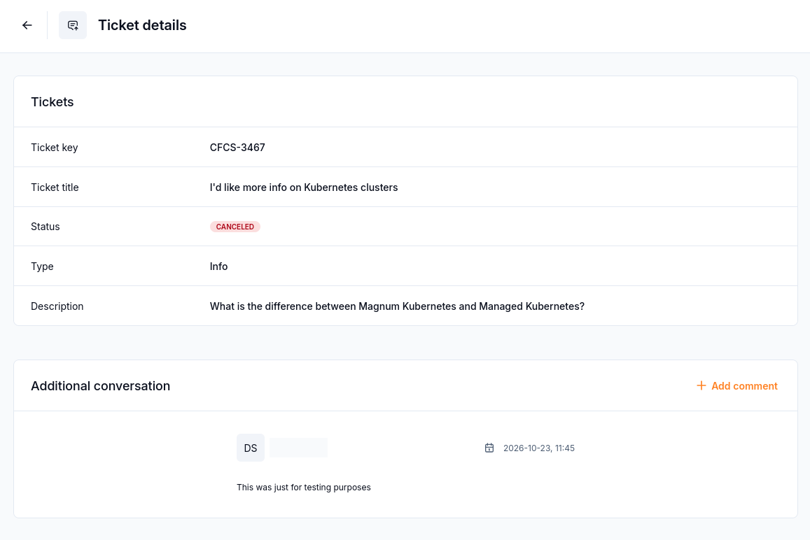 Ticket details with CANCELED status and a sample comment in Additional conversation.