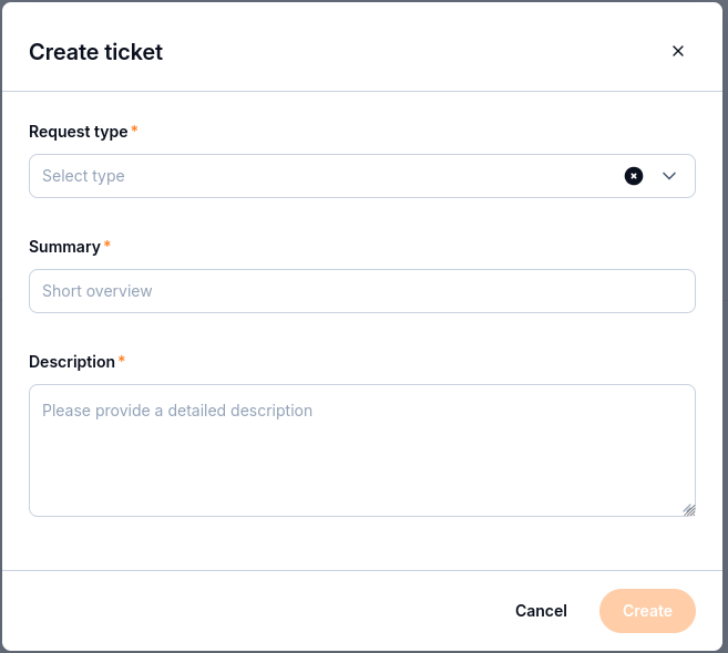 Create ticket dialog with required Request type, Summary, and Description fields, plus Cancel and Create buttons.