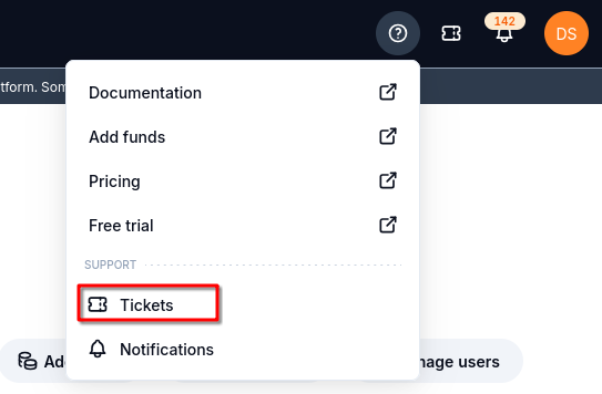 Help menu with Tickets highlighted under Support.