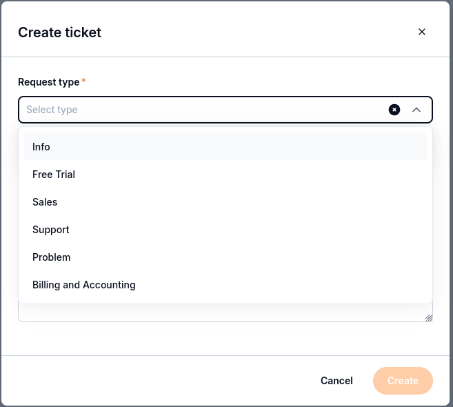 Request type menu listing Info, Free Trial, Sales, Support, Problem, and Billing and Accounting.