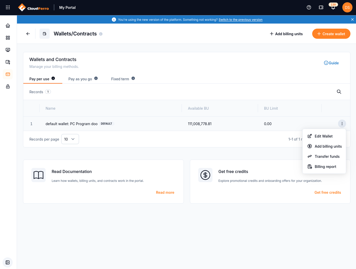 The default wallet's three-dot menu shows Edit Wallet, Add billing units, Transfer funds, and Billing report.