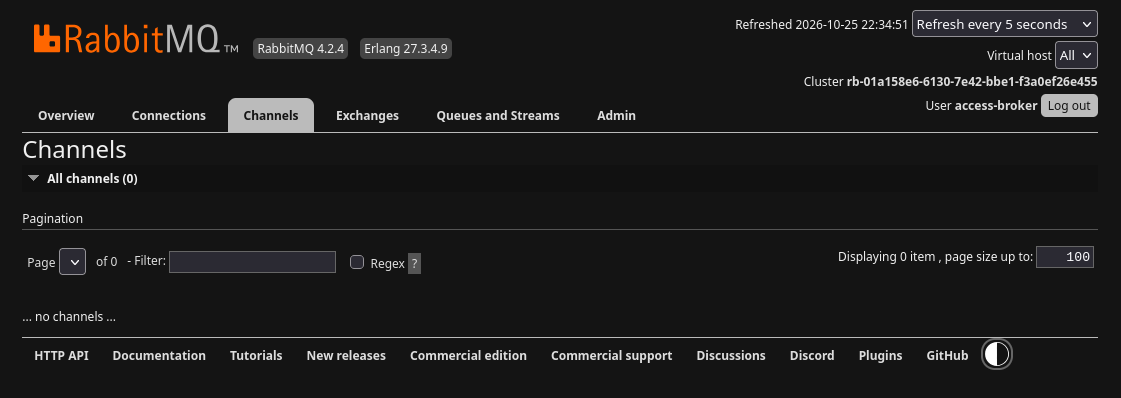 RabbitMQ Channels tab showing no open channels