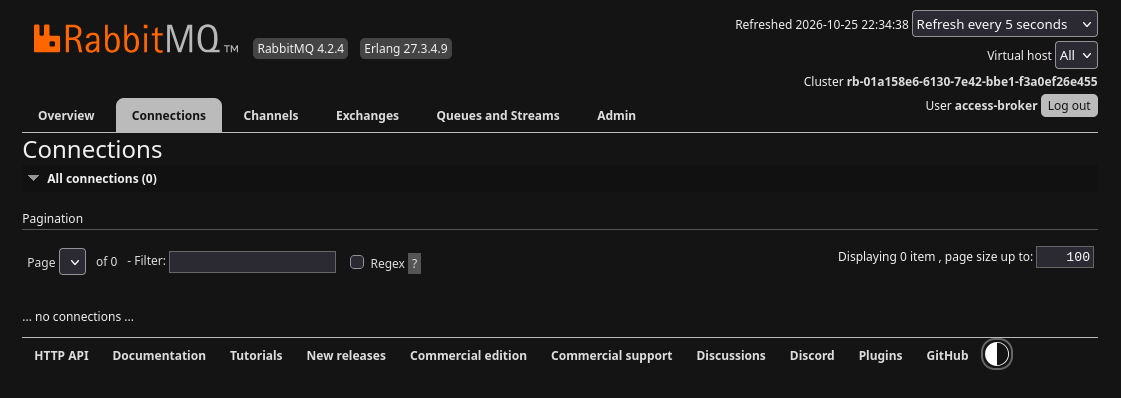RabbitMQ Connections tab with All connections zero and an empty list