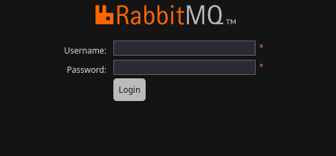 RabbitMQ login form with Username, Password, and Login controls