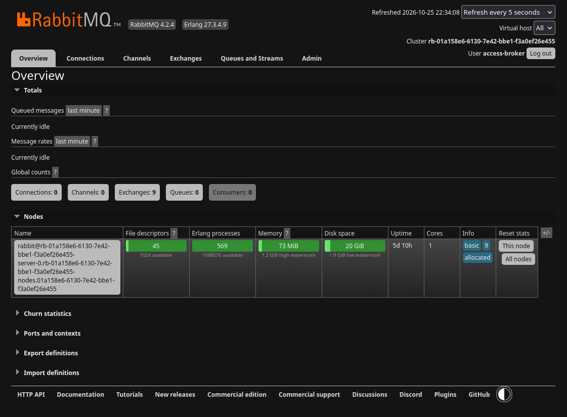RabbitMQ Overview showing zero connections, channels, queues, and consumers, nine exchanges, and one broker node