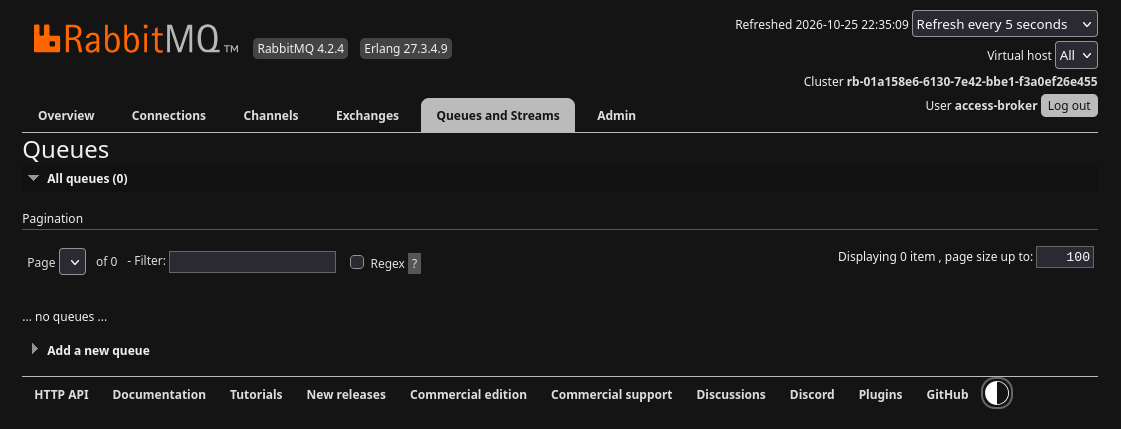 Queues and Streams tab with zero queues and the Add a new queue control