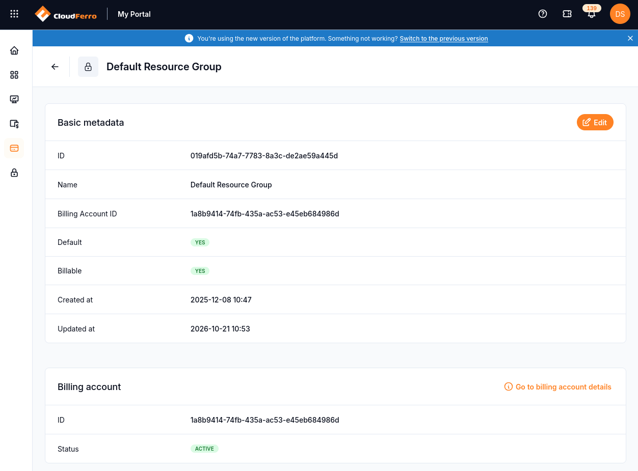 Default Resource Group details showing Basic metadata and a linked billing account with ACTIVE status.