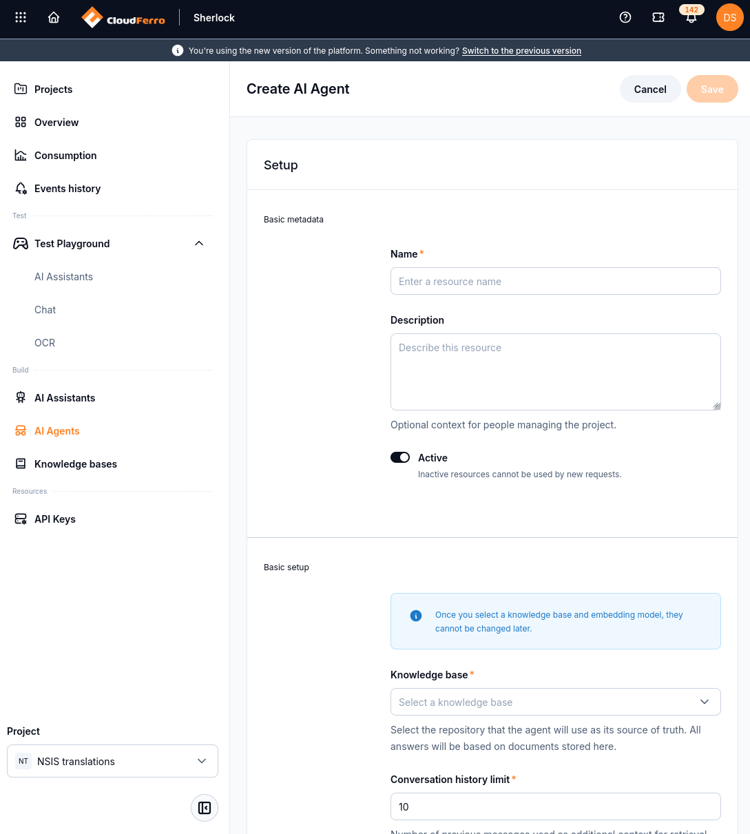 Create AI Agent form with metadata and Basic setup
