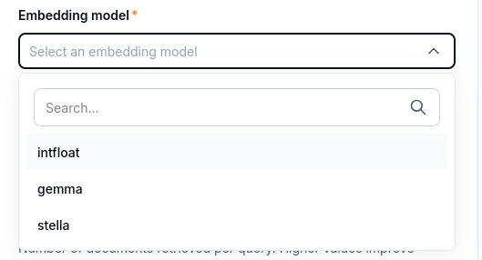 Embedding model dropdown with intfloat, gemma and stella