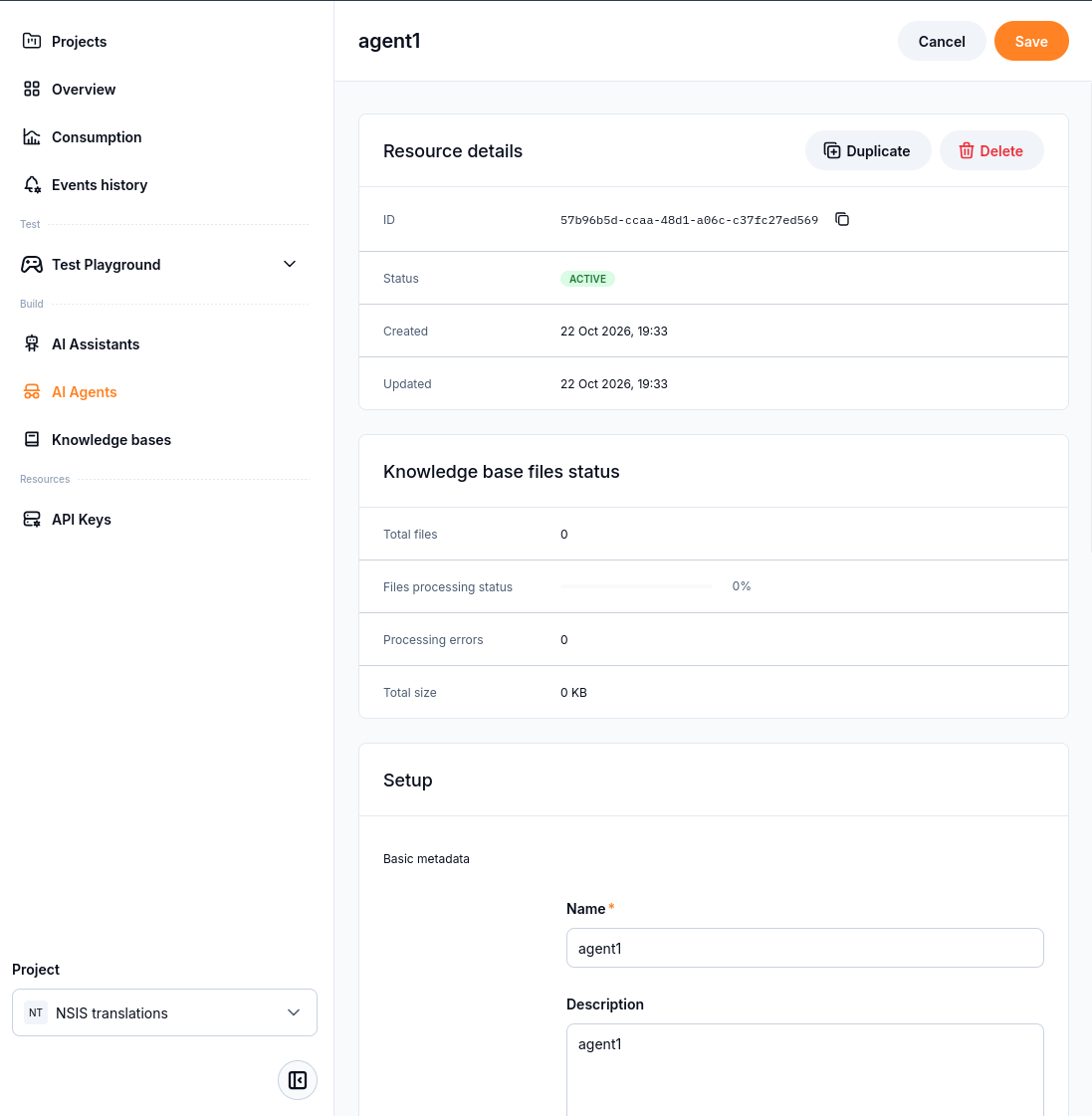 Saved agent1 with Knowledge base files status
