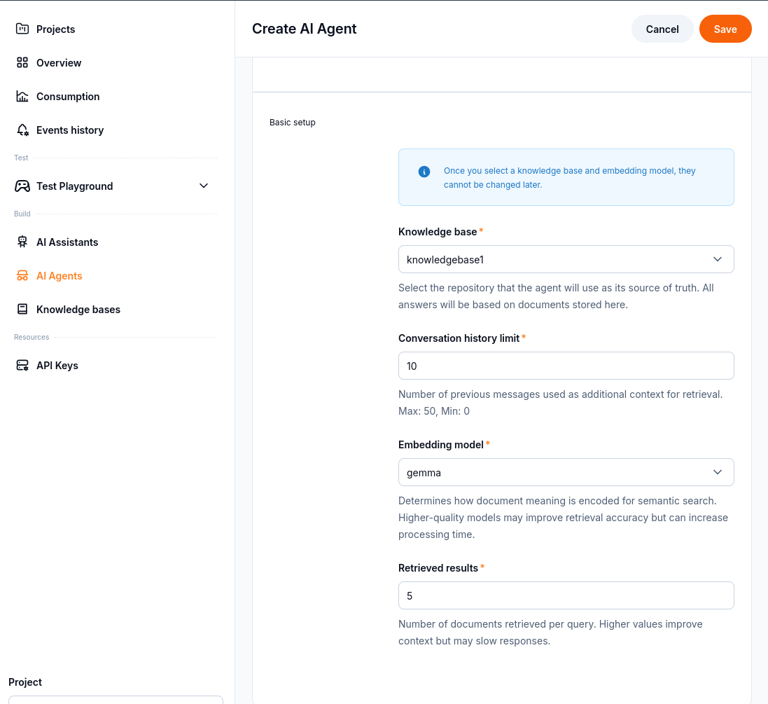 Agent settings with knowledgebase1, history limit 10, gemma and five retrieved results