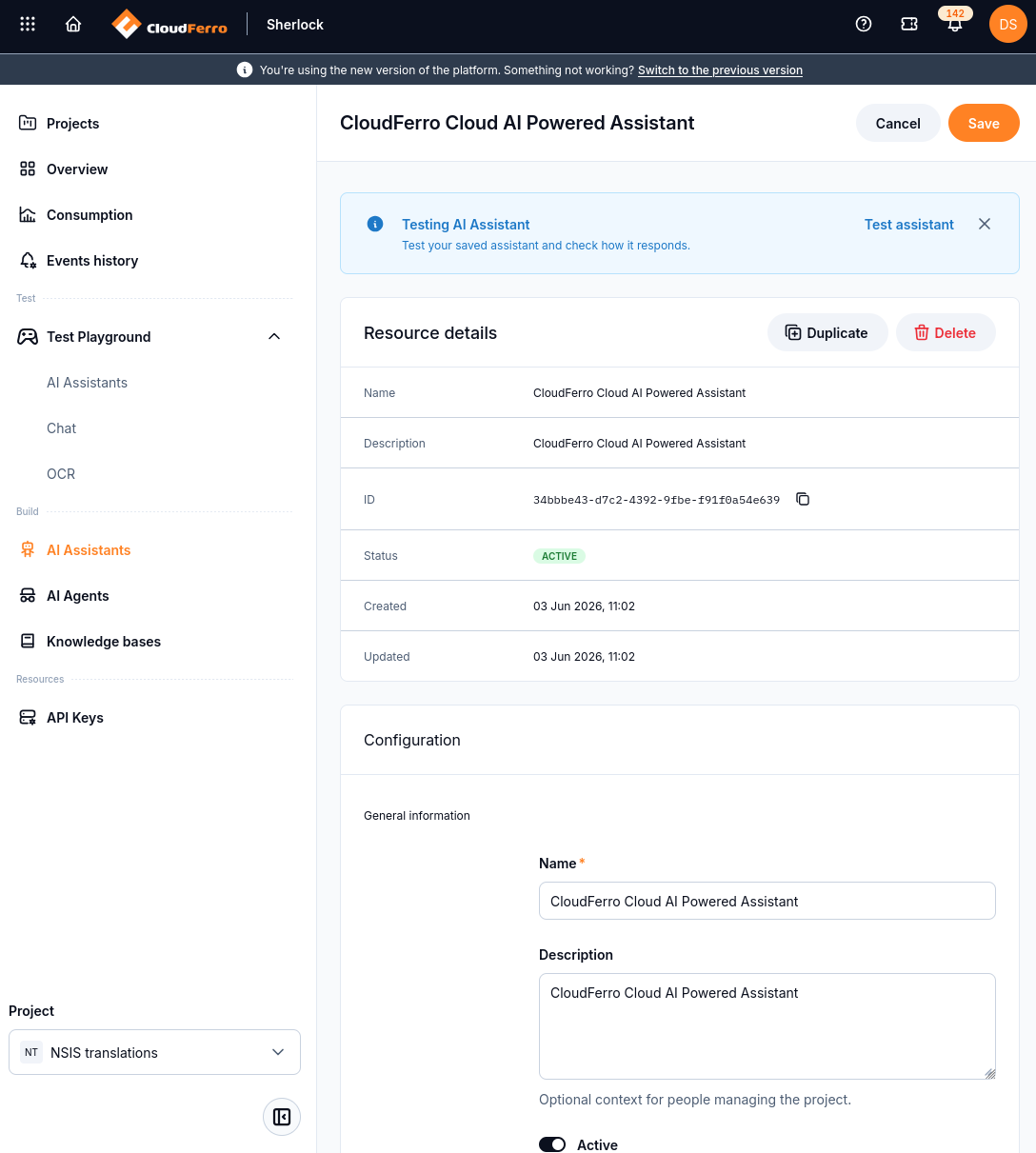 Saved assistant with Resource details, configuration and Test assistant