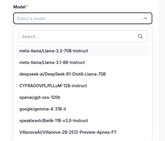 Model selector listing available generative models