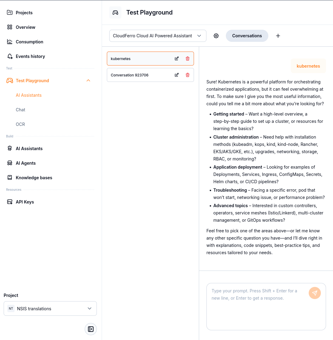Assistant conversation with the conversation list open