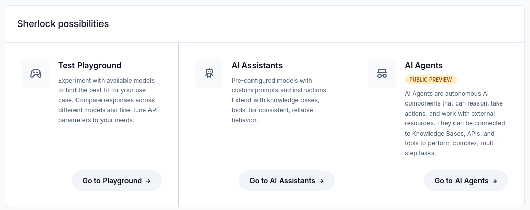 Overview cards for Test Playground, AI Assistants and AI Agents