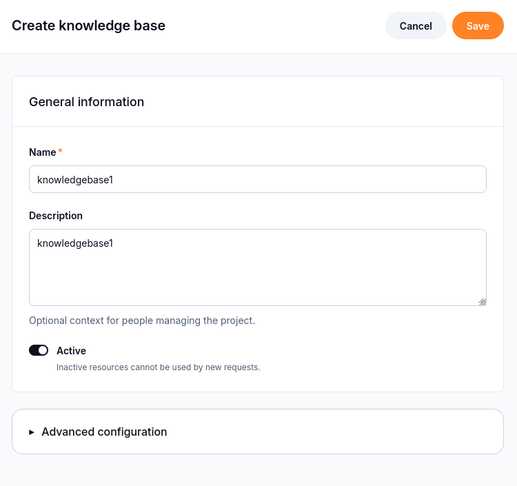 Create knowledge base form with knowledgebase1 entered