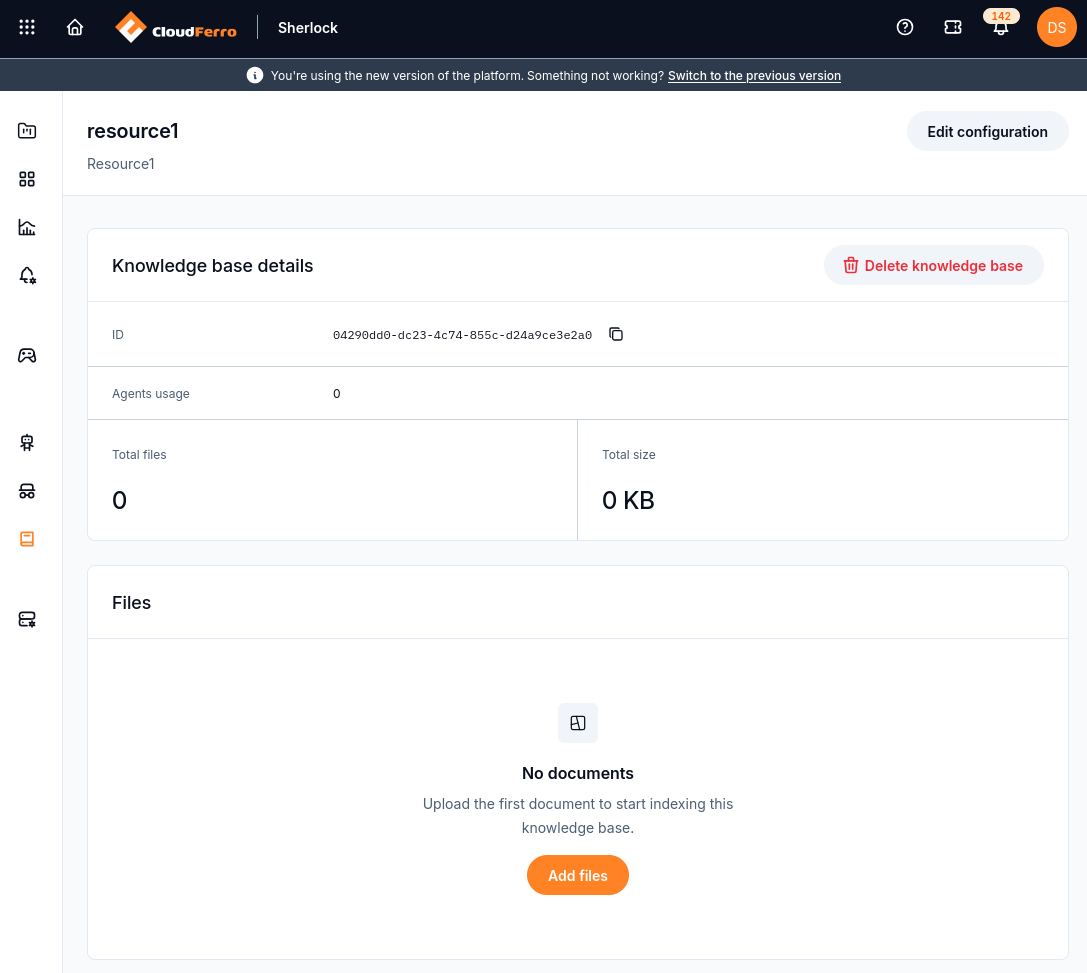 Knowledge base details and Add files button
