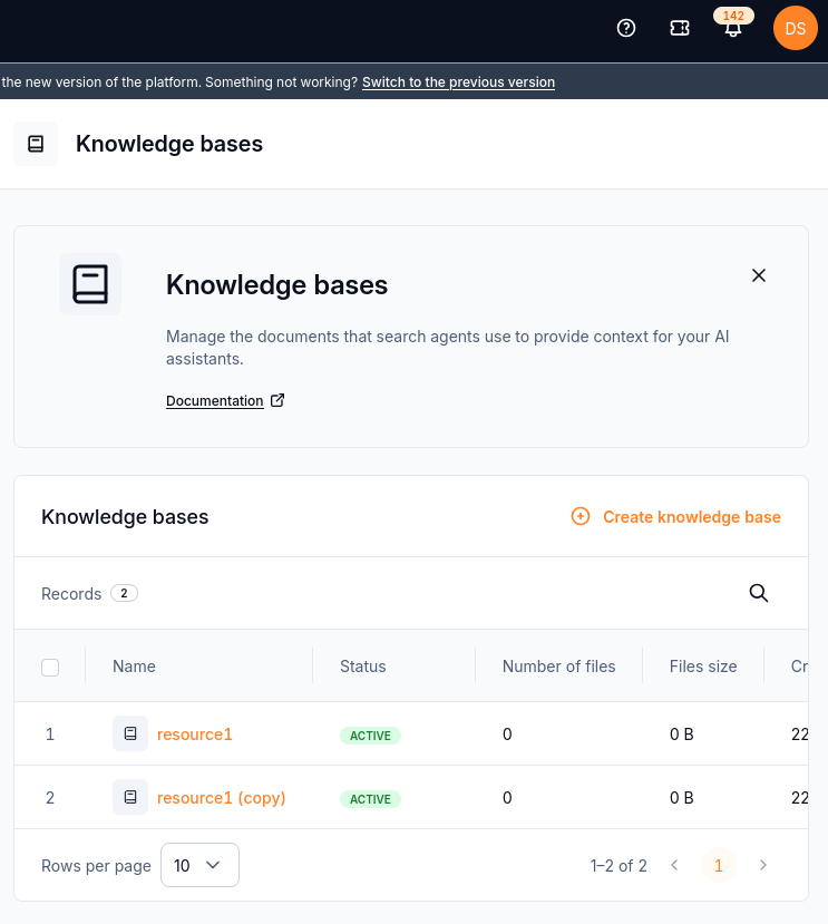 Knowledge bases list showing resource1 and resource1 (copy)