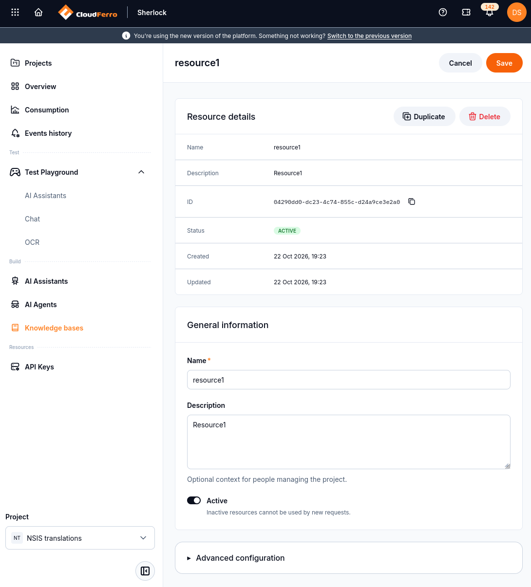 Knowledge base configuration with Duplicate, Delete and editable fields