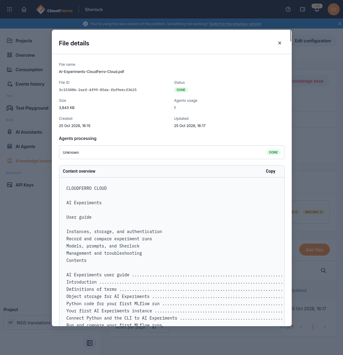 File details for the processed PDF with DONE status, metadata, and an extracted-text preview