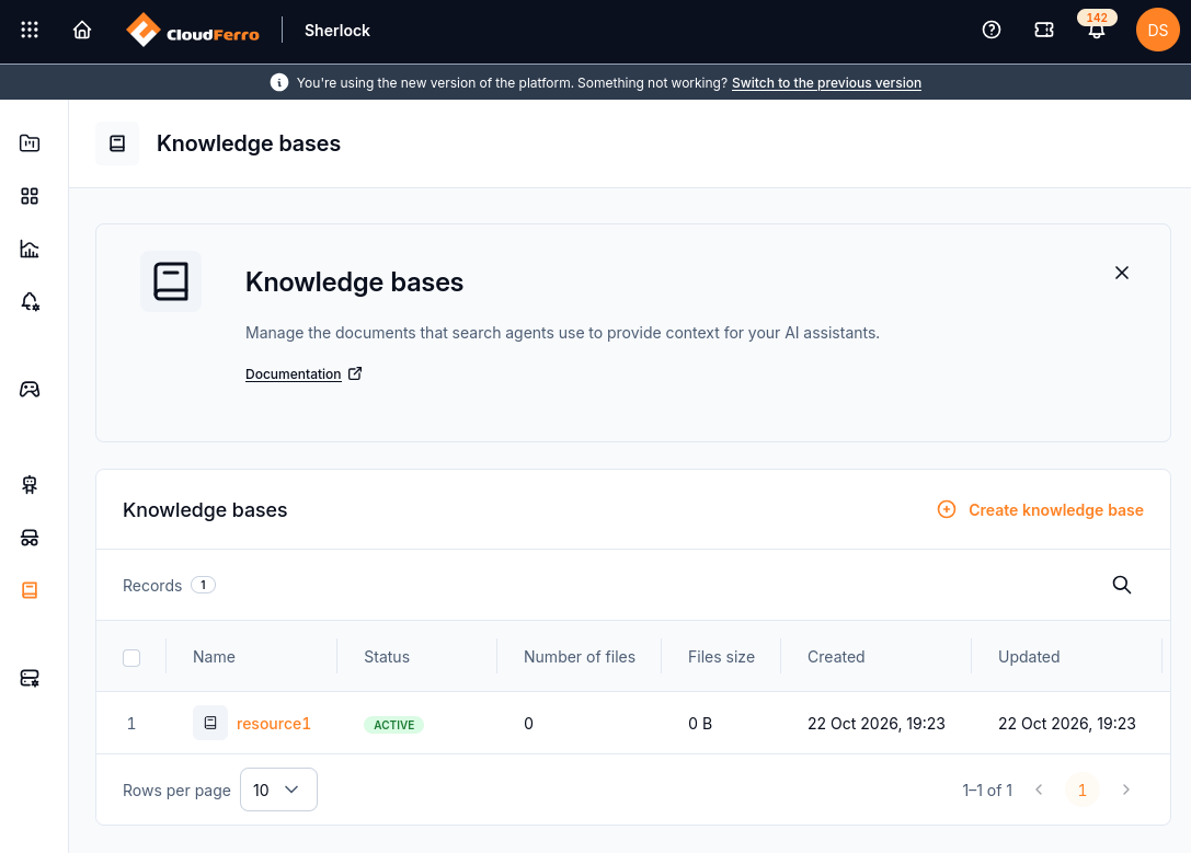 Knowledge bases list with resource1 and zero files
