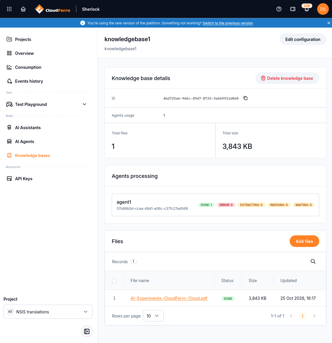 Knowledgebase1 with one processed PDF and agent1 showing DONE 1 and zero other status counts