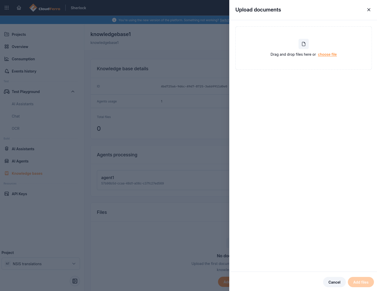 Upload documents panel with a drag-and-drop area, choose file link, Cancel, and Add files buttons