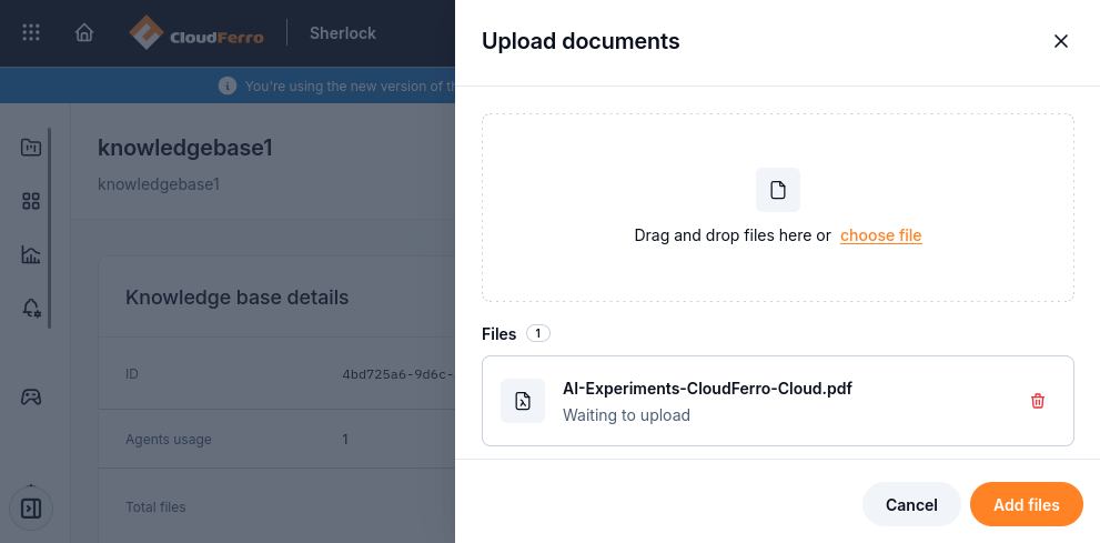 Selected PDF marked Waiting to upload in the Upload documents panel