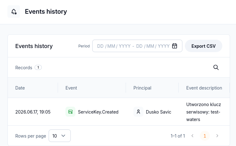 Events history with a service-key creation record and Export CSV