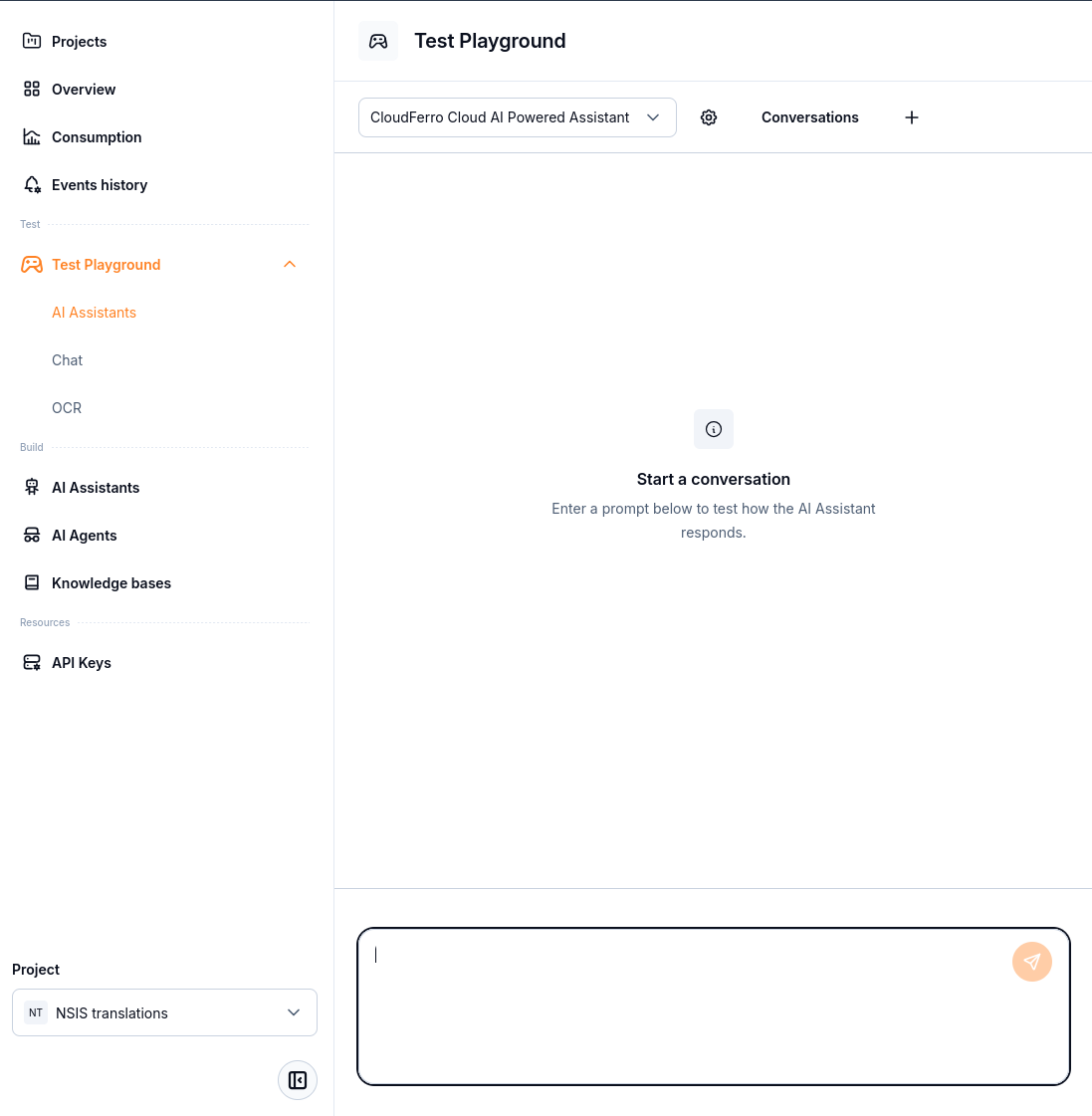 Assistant Playground before the first prompt