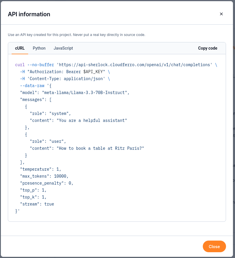 API information dialog with cURL, Python, and JavaScript tabs, Copy code, and a cURL request using the API_KEY environment variable.