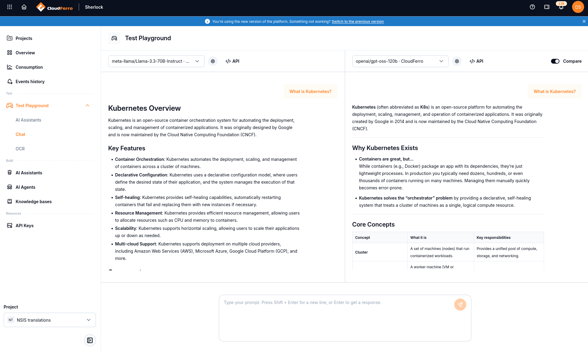 Sherlock Chat Playground with Compare enabled and two model responses to What is Kubernetes?