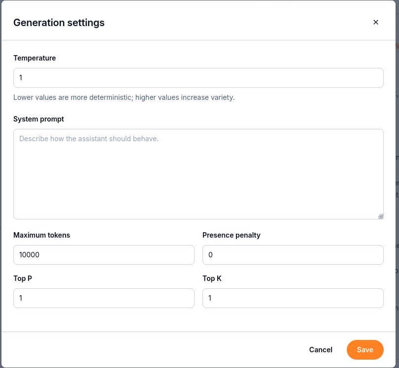 Generation settings dialog with Temperature, System prompt, Maximum tokens, Presence penalty, Top P, Top K, Cancel, and Save.