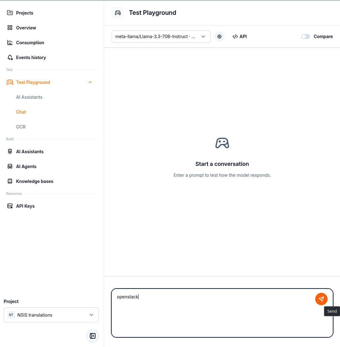 Chat Playground with a model selector and a prompt ready to send