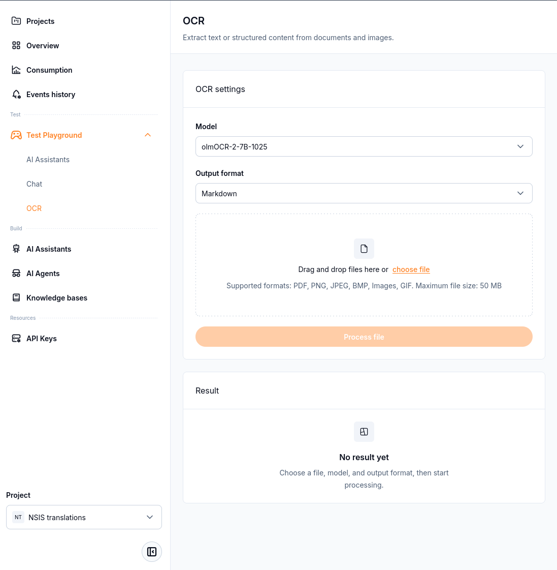 OCR settings, file upload area, Process file button and empty Result panel