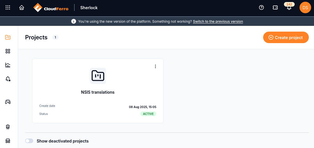 Projects page with an active project card