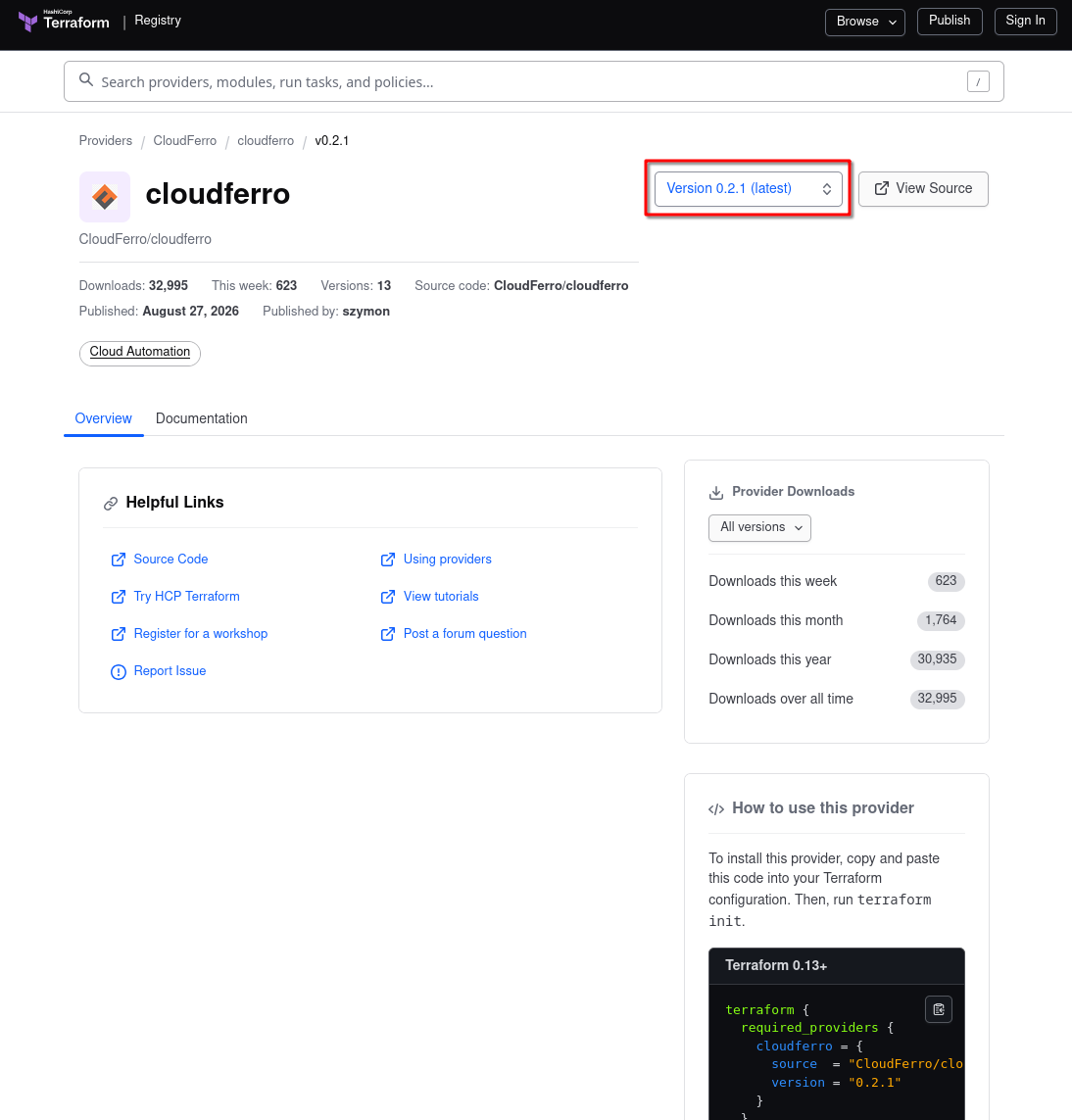 Terraform Registry showing CloudFerro provider version 0.2.1.