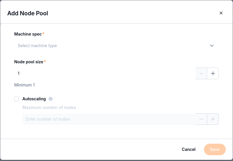 Add Node Pool dialog with machine specification and scaling settings