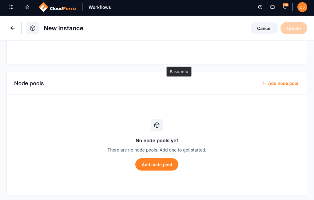 Node pools section of the instance creation form