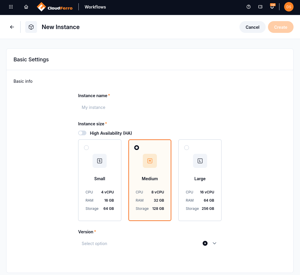 New Instance form showing Basic Settings with name, High Availability, size, and version