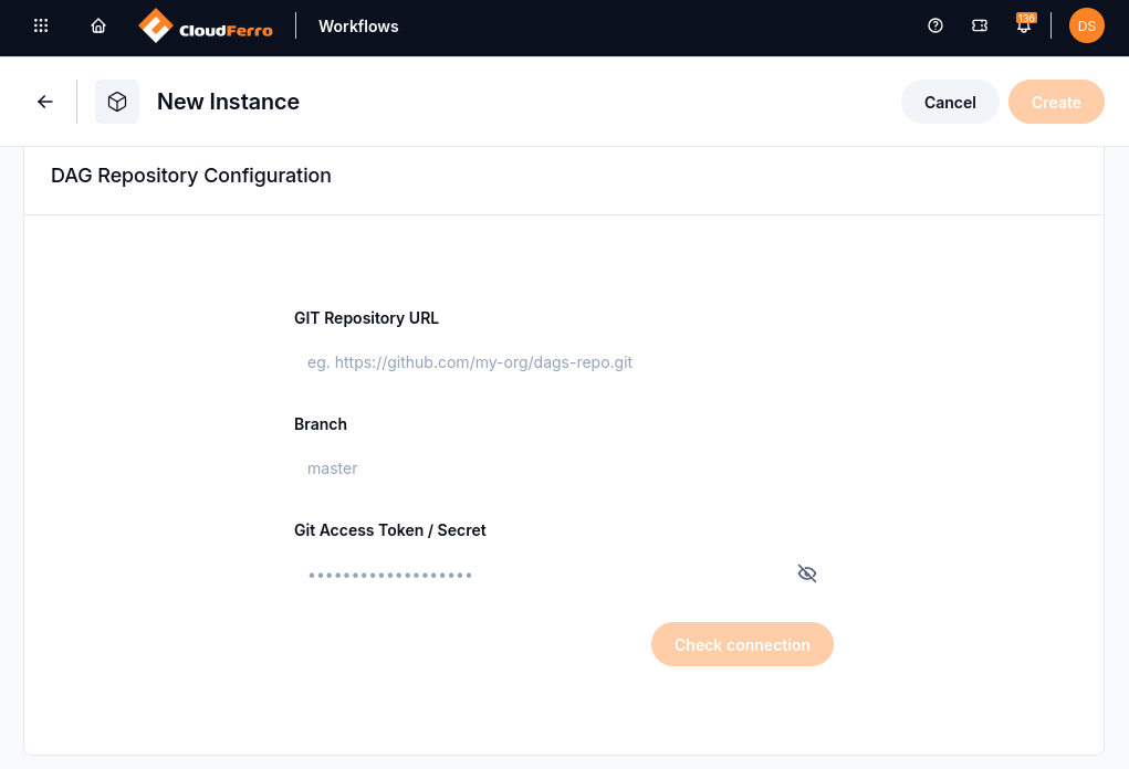 Git repository configuration within the instance creation form