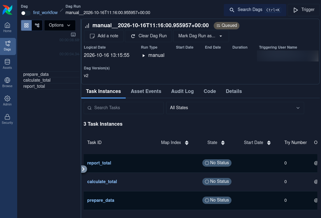 Grid view of first_workflow with task information